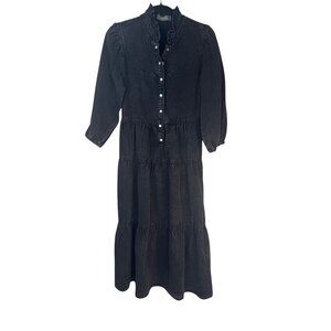 2/$30 Blue B Collection Small Black Denim Ruffled Midi Dress Snap Button